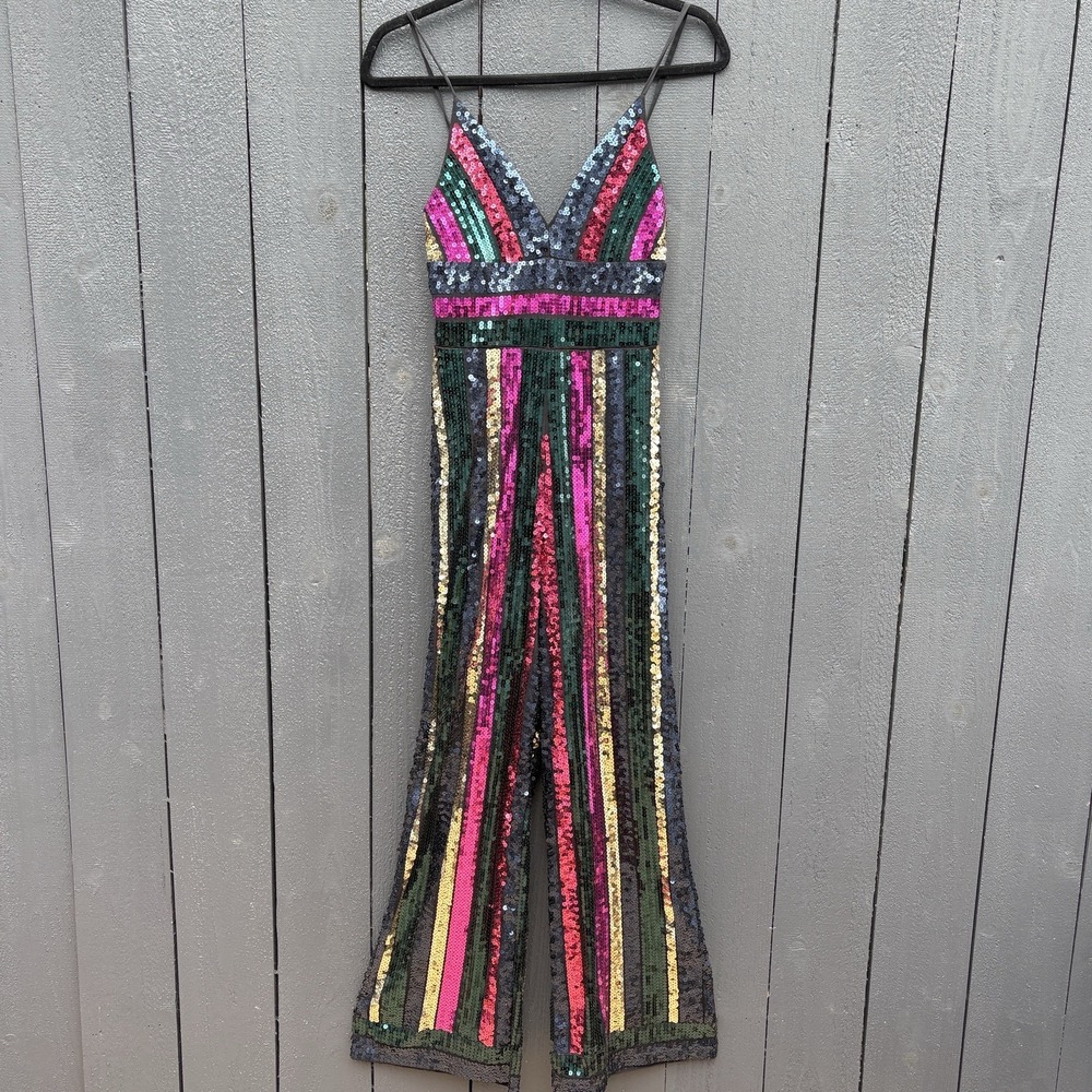 Y2k Sequin Stripe 70s Disco Wide Leg Jumpsuit XXS Going Out Glam Party NYE Retro